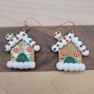 3D Gingerbread House Christmas Holiday Dangle Earrings Acrylic Stainless Steel